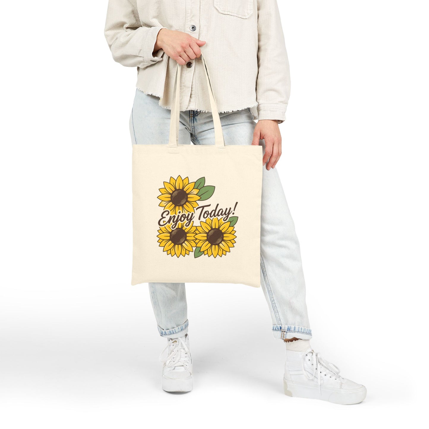 Enjoy Today! Sunflower Cotton Canvas Tote, Eco-Friendly Beach & Market Bag
