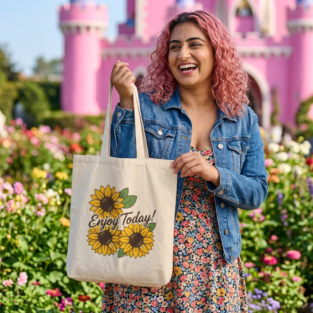 Enjoy Today! Sunflower Cotton Canvas Tote, Eco-Friendly Beach & Market Bag