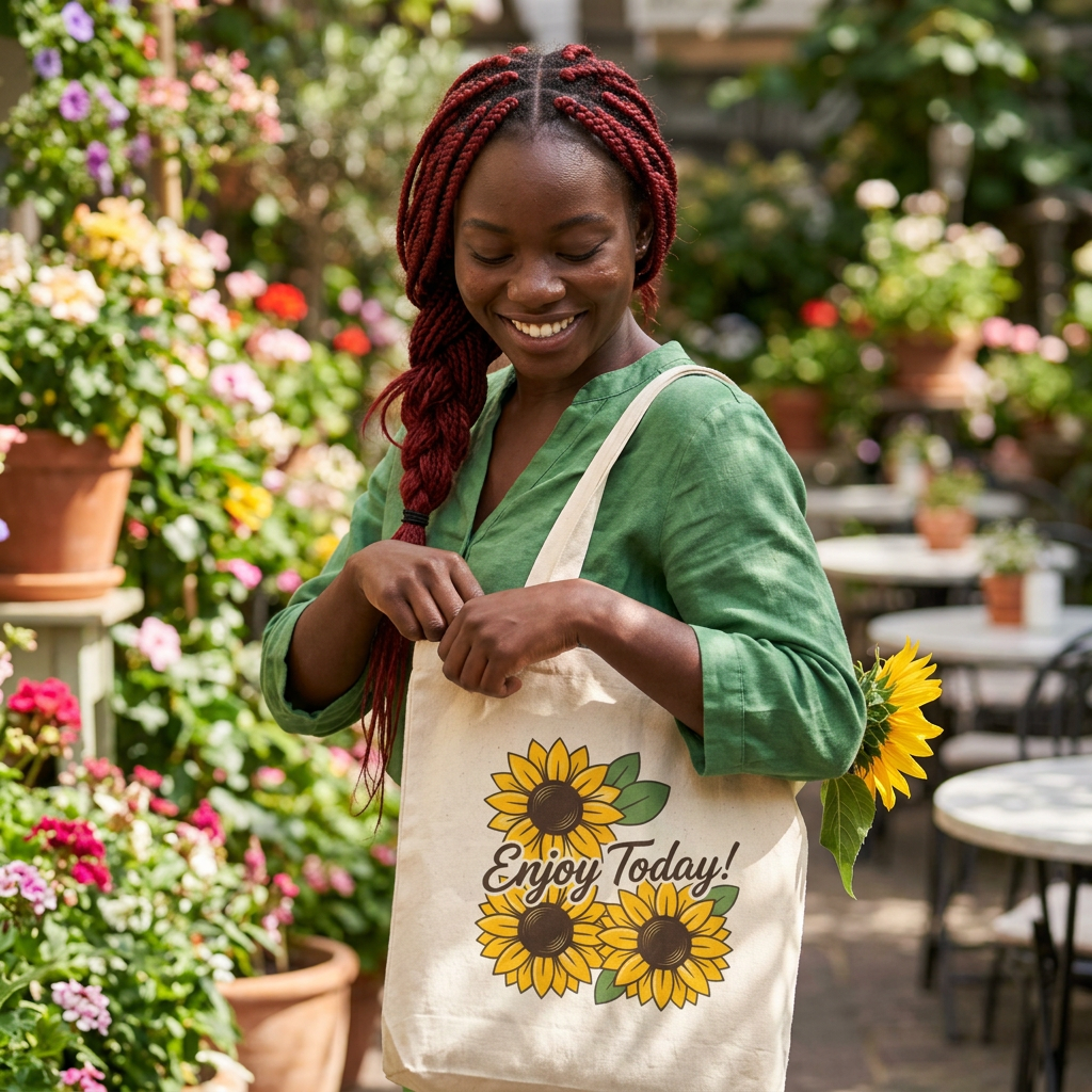 Enjoy Today! Sunflower Cotton Canvas Tote, Eco-Friendly Beach & Market Bag