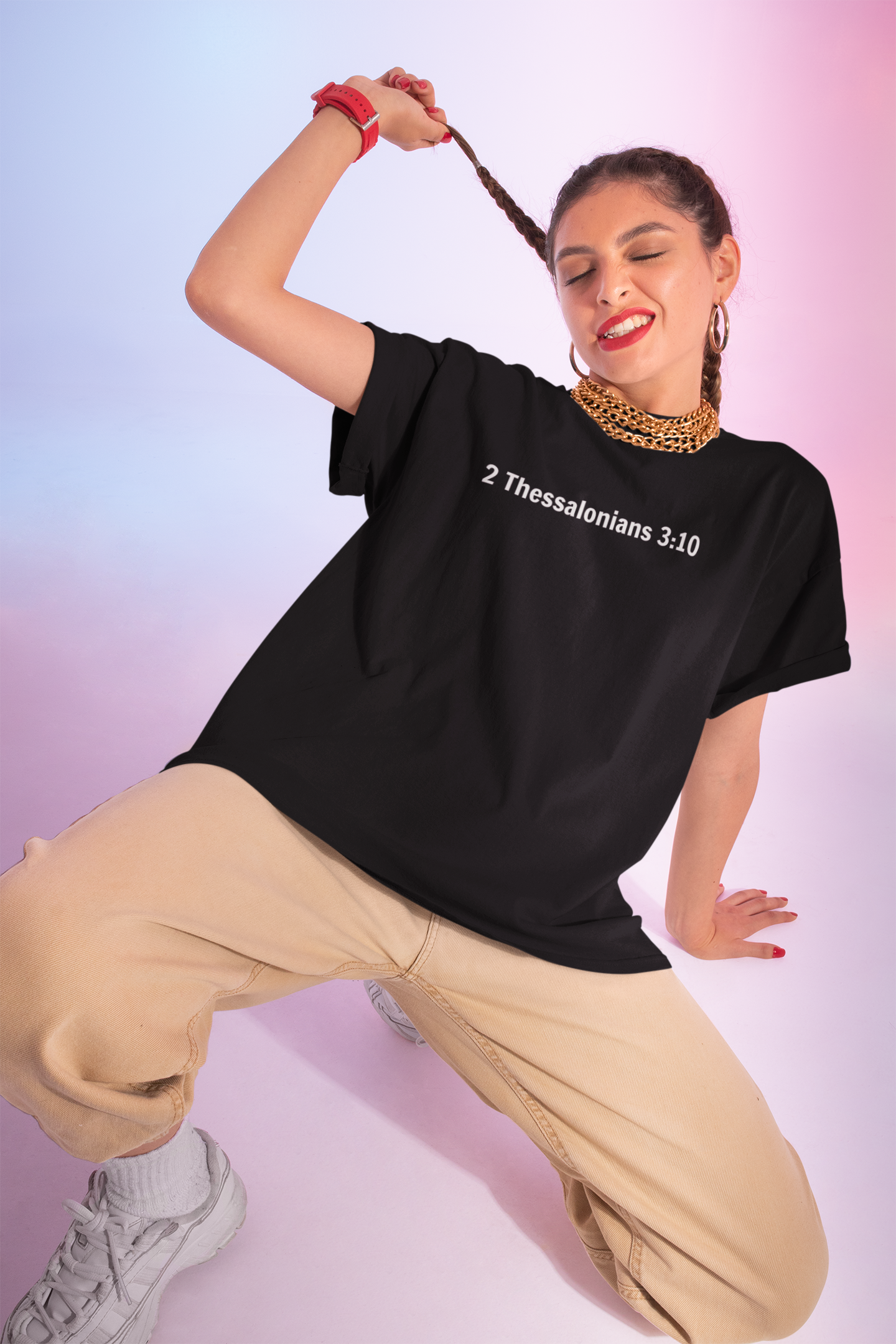 2 Thessalonians 3:10 Out Here Working and Eating - Graphic Back Text T-Shirt