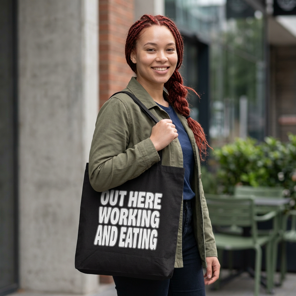 Out Here Working and Eating - Canvas Grocery & Bible Verse Tote Bag (2 Thessalonians 3:10)
