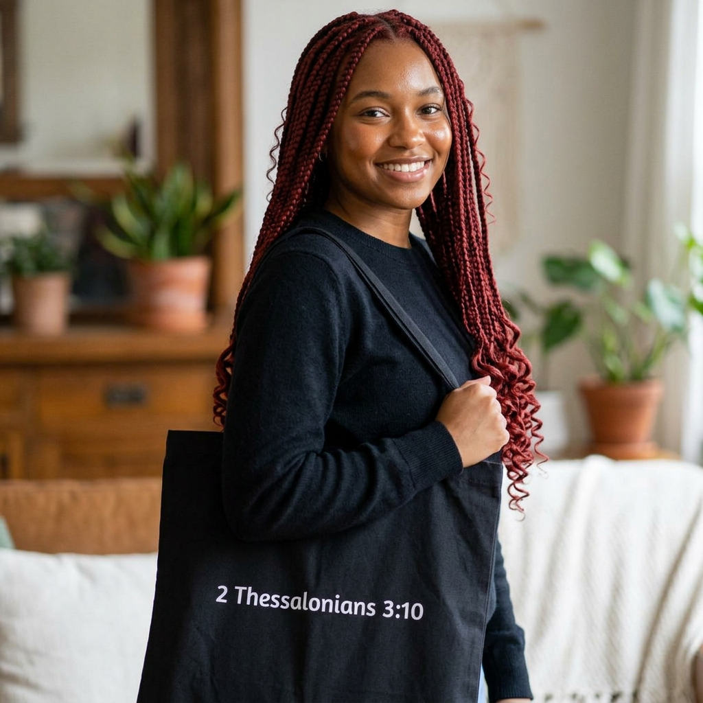 Out Here Working and Eating - Canvas Grocery & Bible Verse Tote Bag (2 Thessalonians 3:10)
