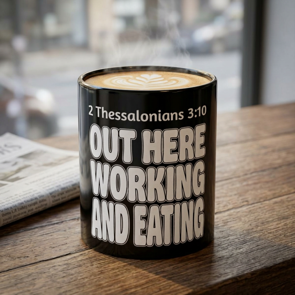 Out Here Working and Eating - 2 Thessalonians 3:10 Christian Coffee Mug