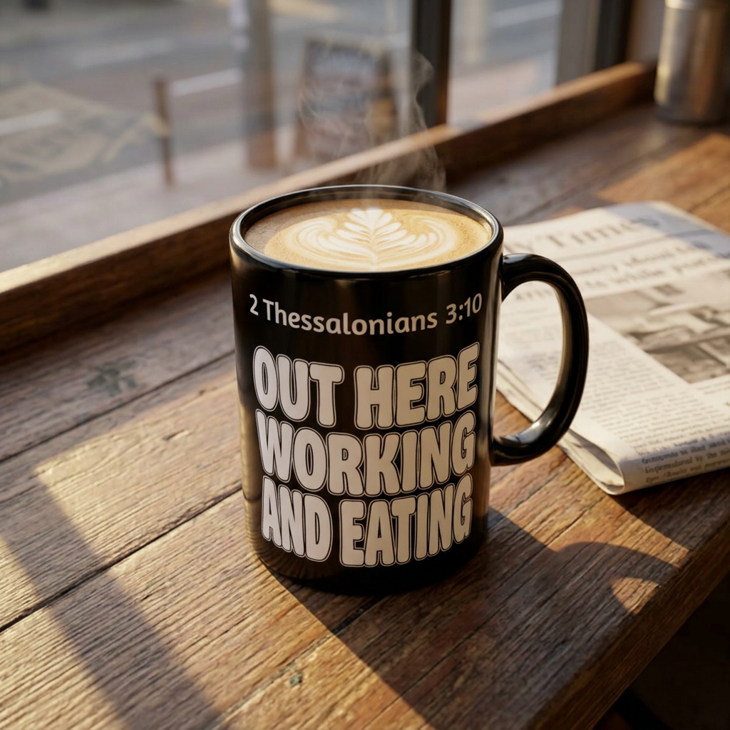 Out Here Working and Eating - 2 Thessalonians 3:10 Christian Coffee Mug