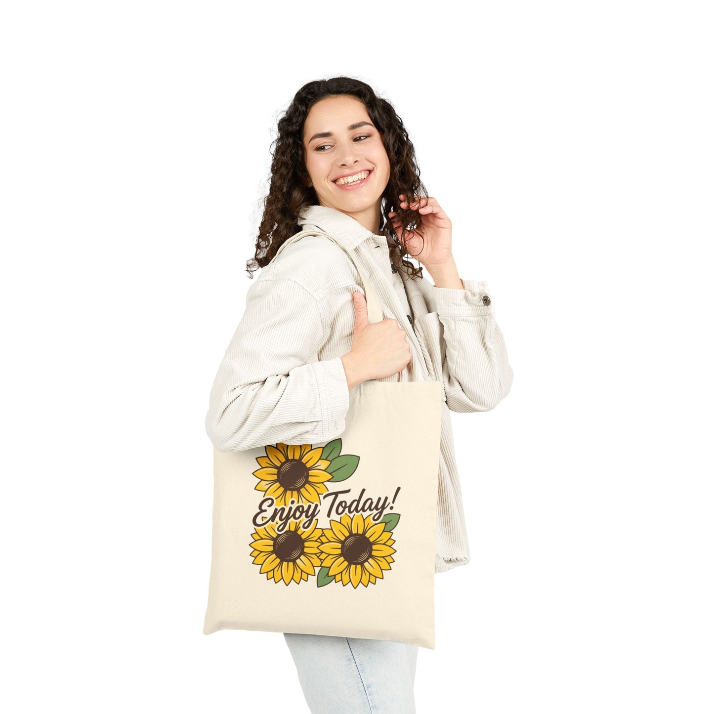 Enjoy Today! Sunflower Cotton Canvas Tote, Eco-Friendly Beach & Market Bag