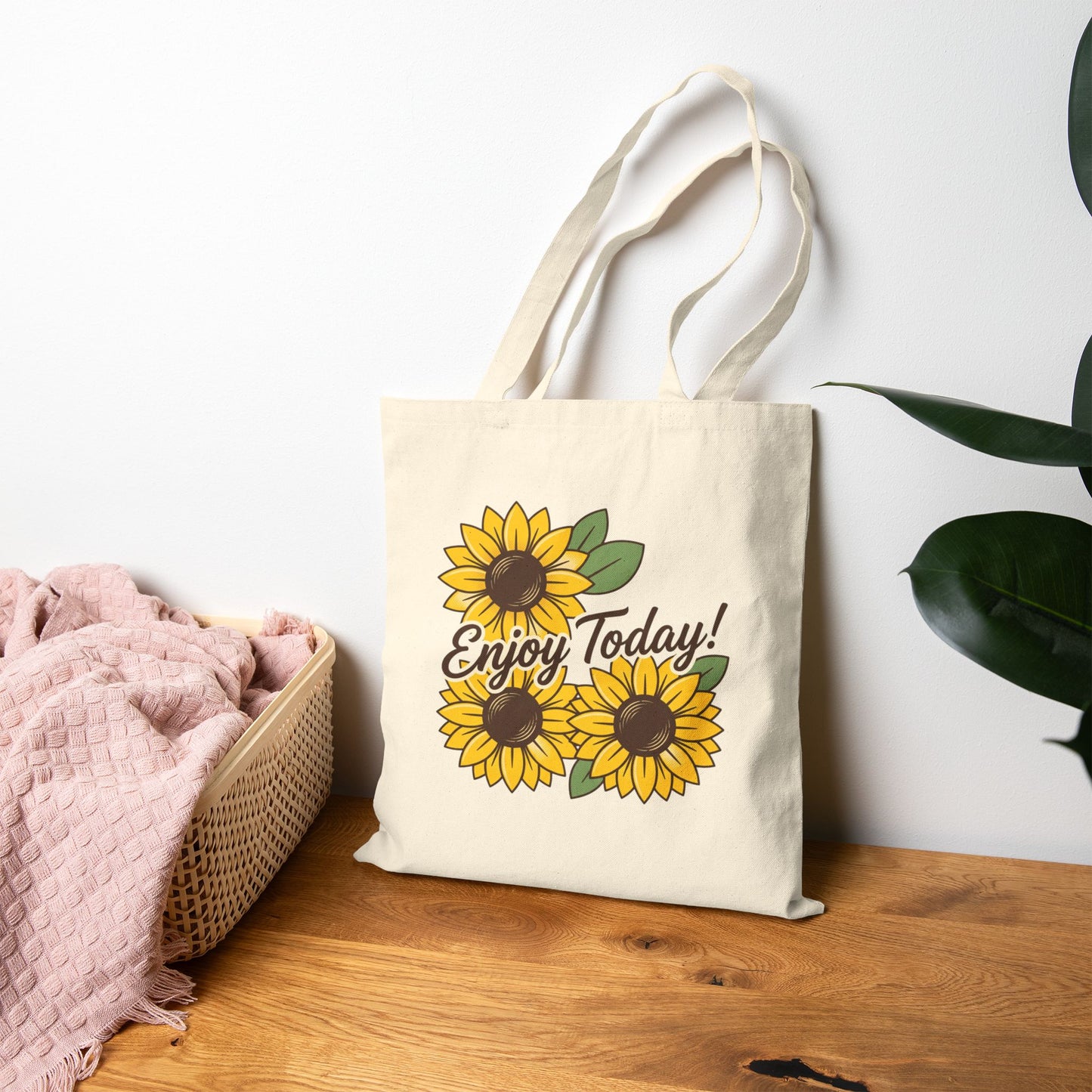 Enjoy Today! Sunflower Cotton Canvas Tote, Eco-Friendly Beach & Market Bag