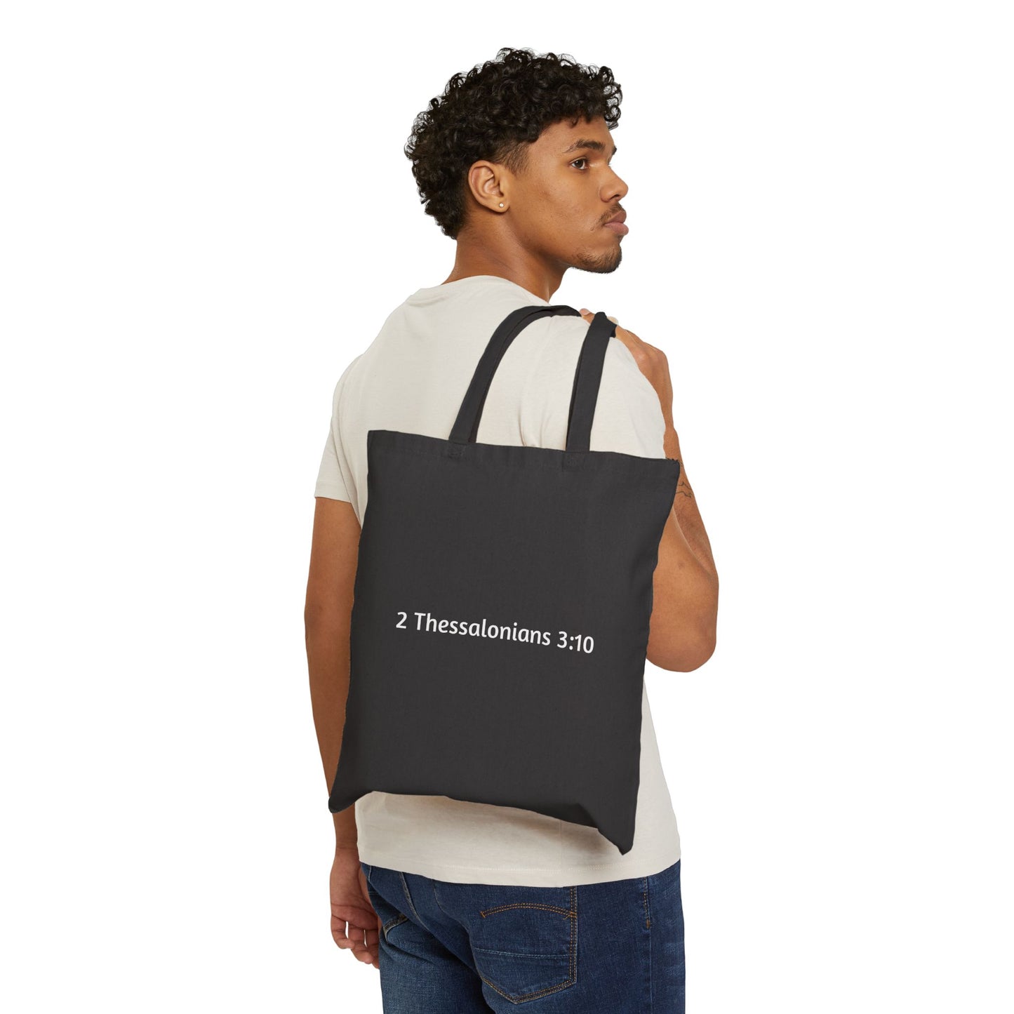 Out Here Working and Eating - Canvas Grocery & Bible Verse Tote Bag (2 Thessalonians 3:10)